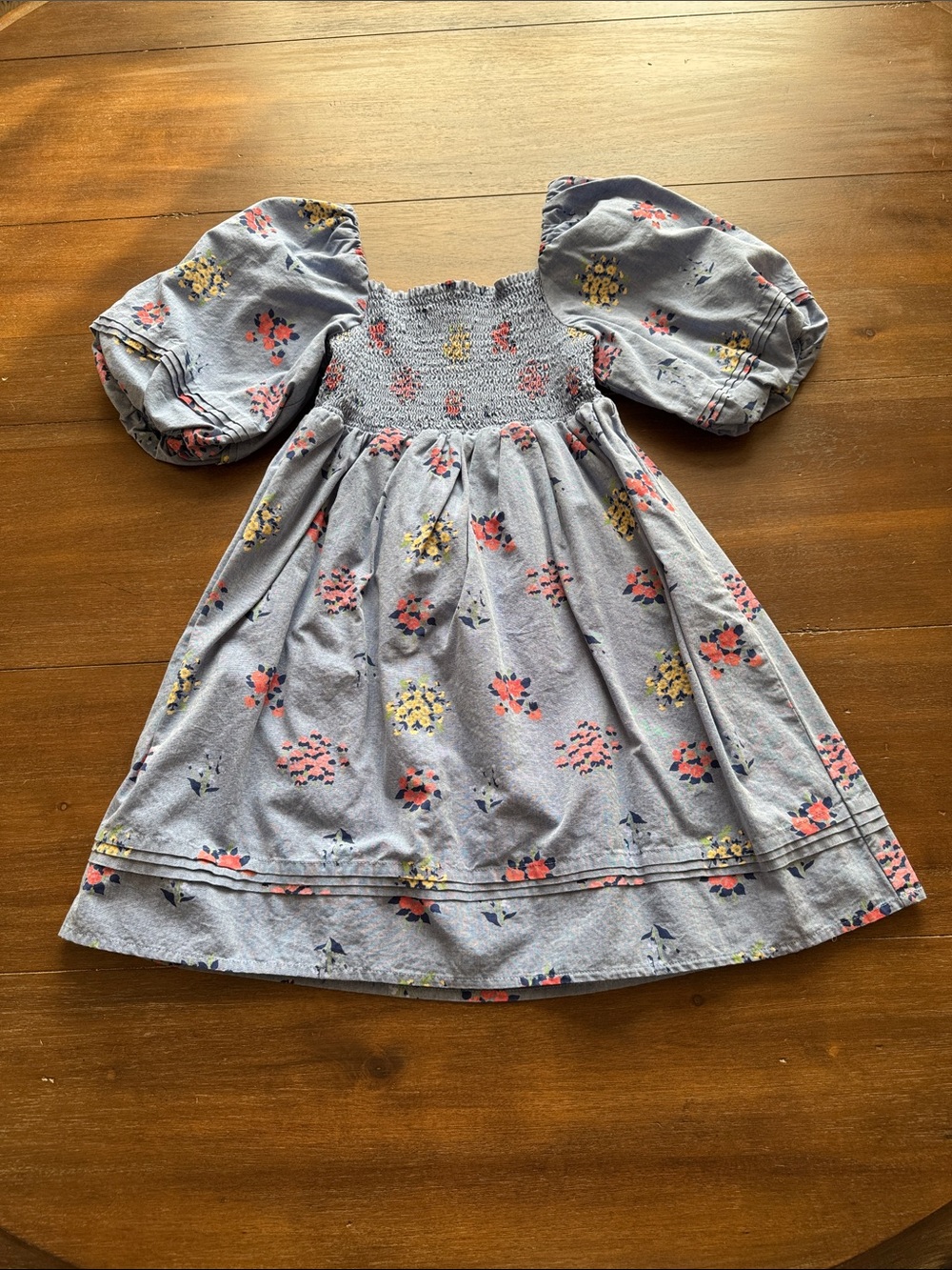 Sz 10 Janie and Jack lined cotton floral smocked lined denim dress puff sleeve
